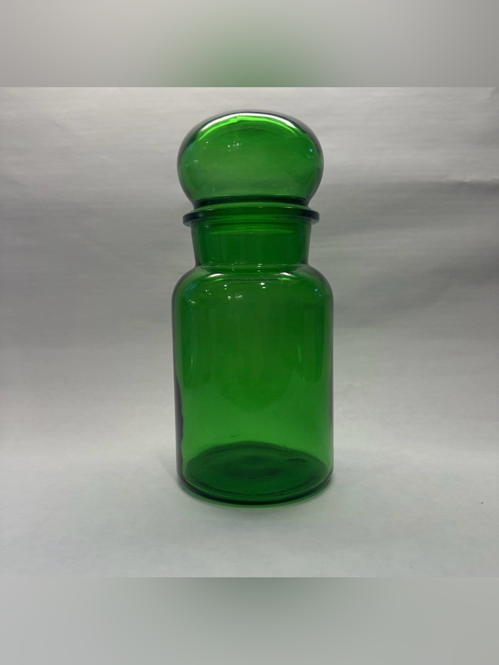 Vintage Belgium Green Glass Apothecary Jar 9" Bubble Top Lid MCM Xmas Canister
